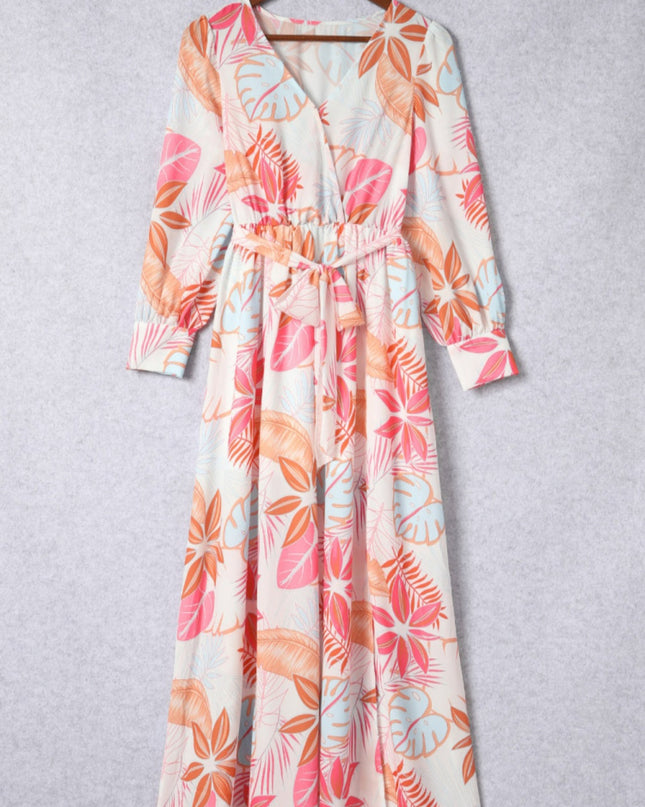 Long Sleeve Wrap V-Neck Slit Maxi Dress