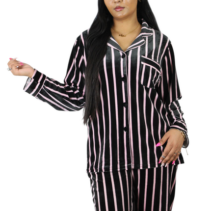Black On Pink Strip Soft Velvet  PJ Set