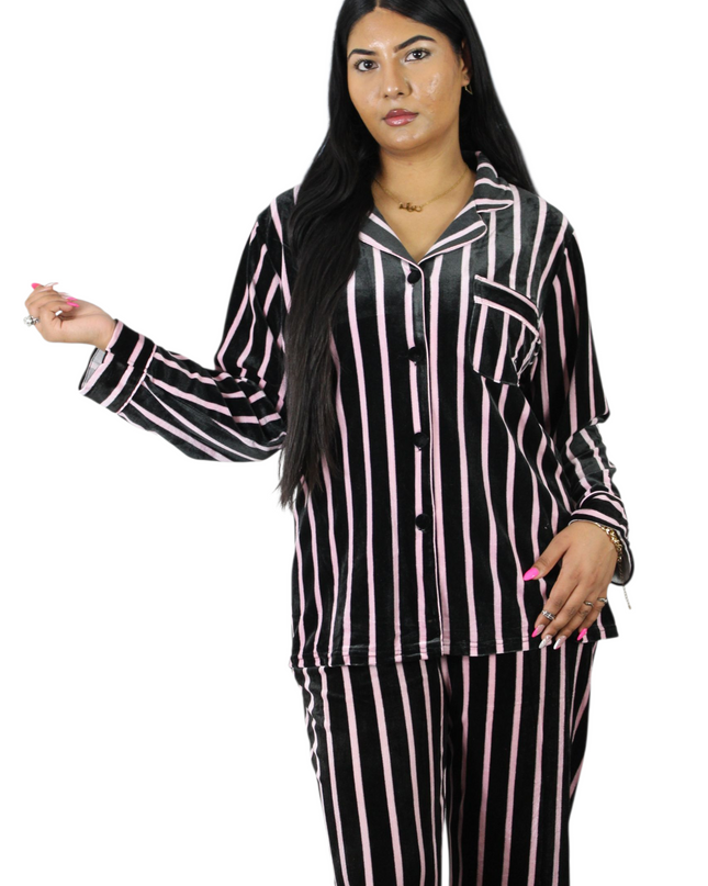 Black On Pink Strip Soft Velvet  PJ Set