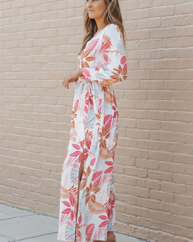 Long Sleeve Wrap V-Neck Slit Maxi Dress