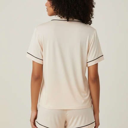 2pcs Top And Shorts PJ's Set, Cream With Black Design.
