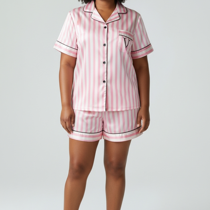 Satin PJ's Set, Top and Short, Soft and Smooth Sleepwear Pink