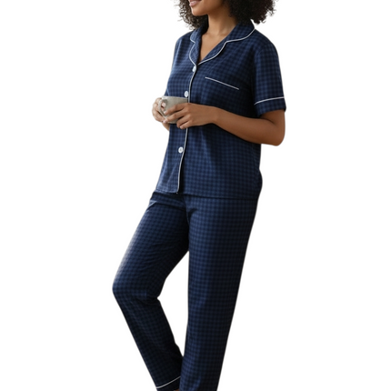 Draft Print PJ's Set with Elastic Waist Band Navy
