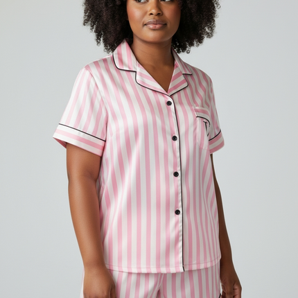 Satin PJ's Set, Top and Short, Soft and Smooth Sleepwear Pink