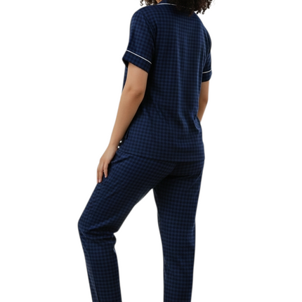 Draft Print PJ's Set with Elastic Waist Band Navy