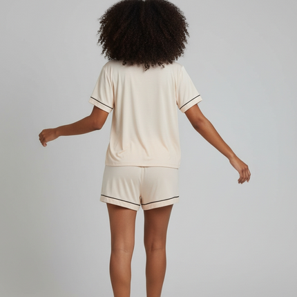 2pcs Top And Shorts PJ's Set, Cream With Black Design.
