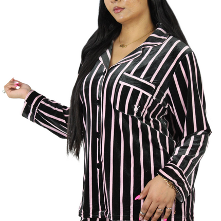 Black On Pink Strip Soft Velvet  PJ Set