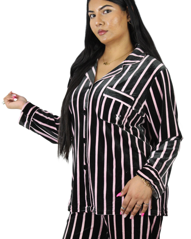 Black On Pink Strip Soft Velvet  PJ Set