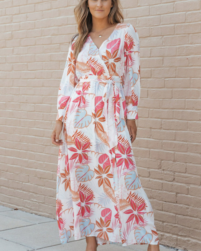 Long Sleeve Wrap V-Neck Slit Maxi Dress