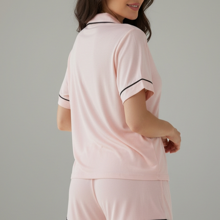 2pcs Top And Shorts PJ's Set, Pink With Black Design.
