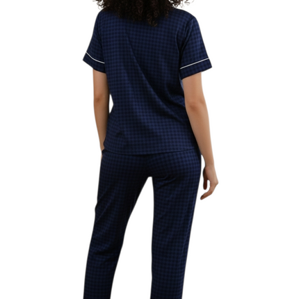 Draft Print PJ's Set with Elastic Waist Band Navy