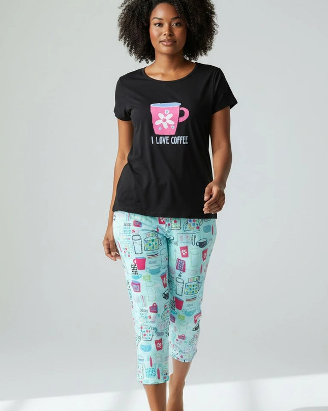 Black Summer Short-Sleeve  Carpi's Pjs Cotton Blend Set