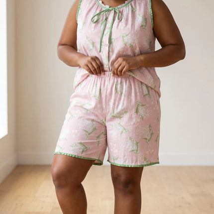 Women Summer PJs Sleeve-less and Short Set 100% Cotton