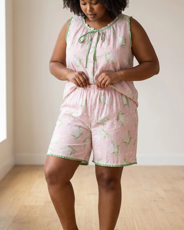 Women Summer PJs Sleeve-less and Short Set 100% Cotton