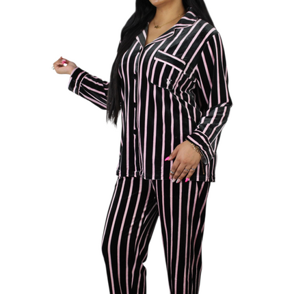 Black On Pink Strip Soft Velvet  PJ Set