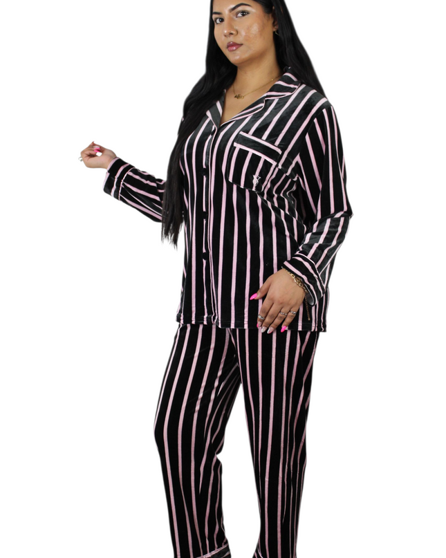 Black On Pink Strip Soft Velvet  PJ Set