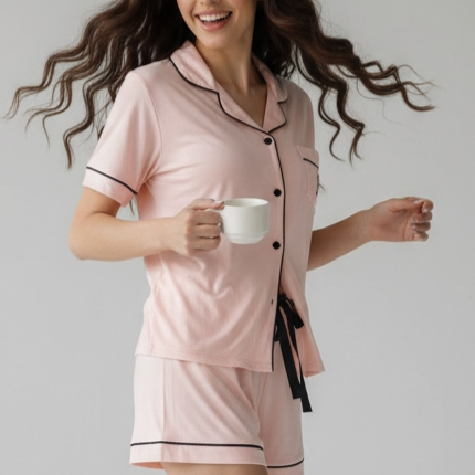 2pcs Top And Shorts PJ's Set, Pink With Black Design.