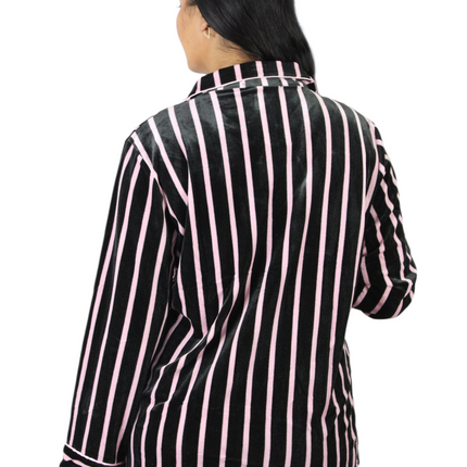 Black On Pink Strip Soft Velvet  PJ Set
