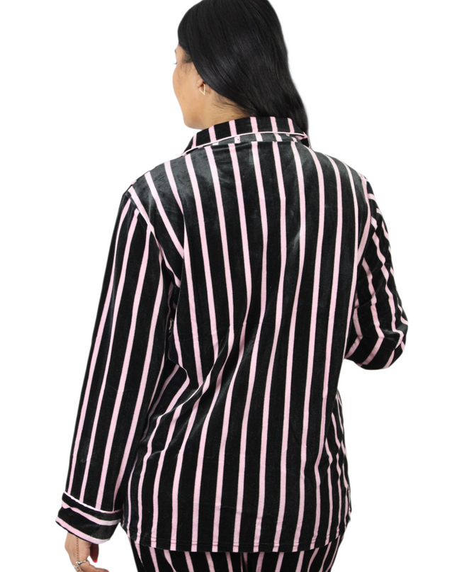 Black On Pink Strip Soft Velvet  PJ Set