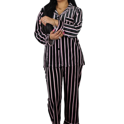 Black On Pink Strip Soft Velvet  PJ Set