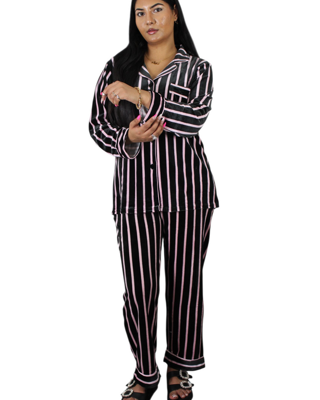 Black On Pink Strip Soft Velvet  PJ Set