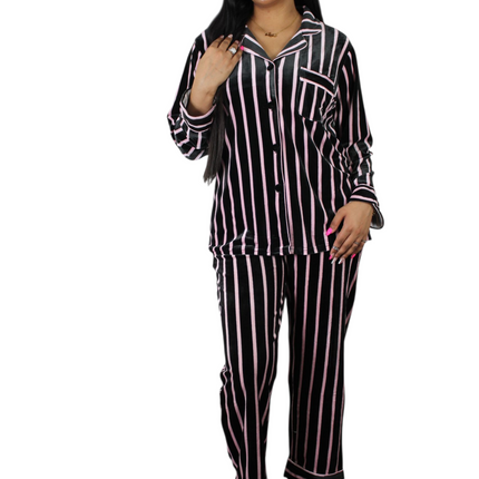 Black On Pink Strip Soft Velvet  PJ Set