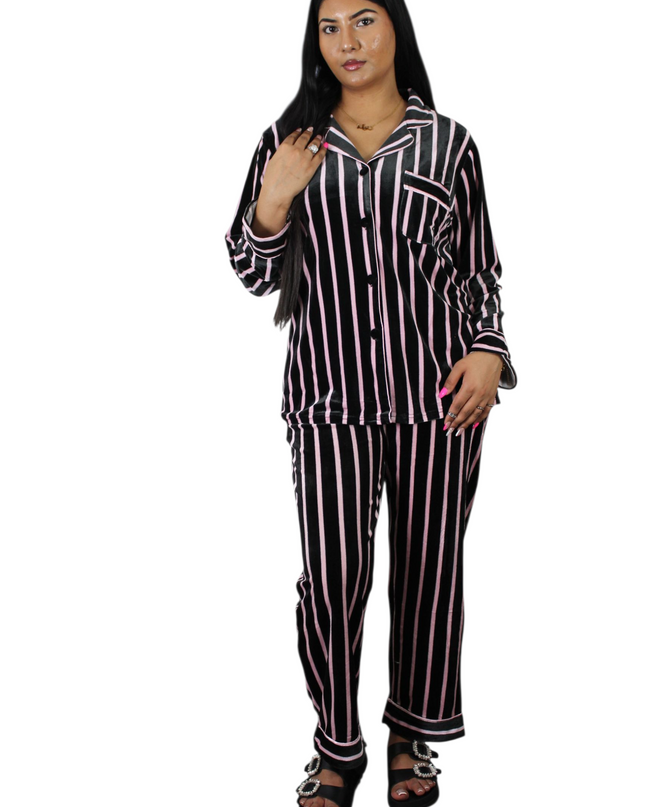 Black On Pink Strip Soft Velvet  PJ Set