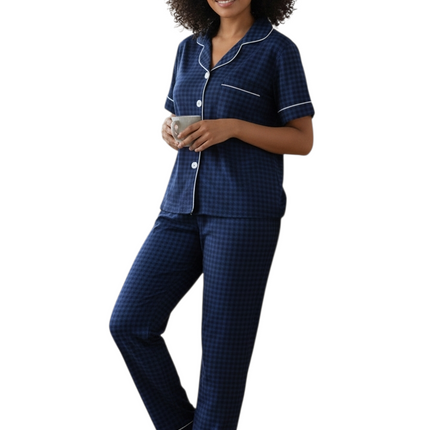Draft Print PJ's Set with Elastic Waist Band Navy