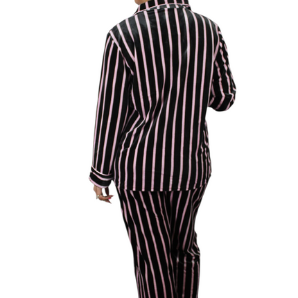 Black On Pink Strip Soft Velvet  PJ Set