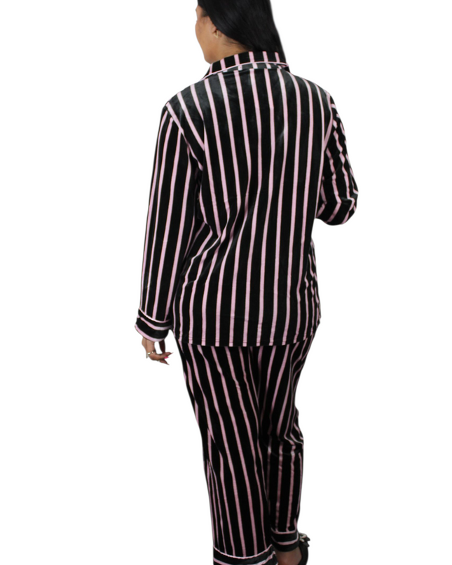 Black On Pink Strip Soft Velvet  PJ Set